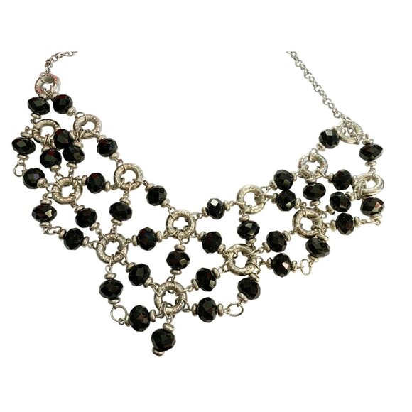 DRAPING Black Bead and Silver Tone Ring NECKLACE 21" - Picture 4 of 7